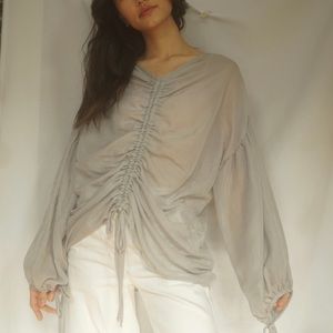 Stylenanda drawstring sheer blouse